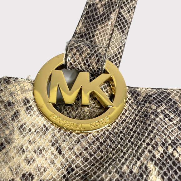 Michael Kors - Python Embossed Leather Shoulder Bag - Gray/Tan - Picture 5 of 9